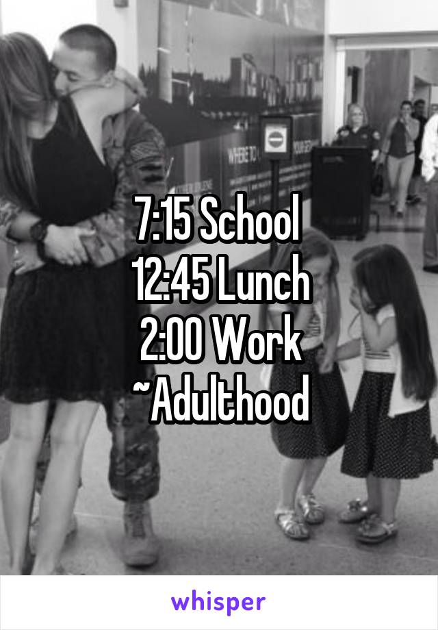 7:15 School 
12:45 Lunch
2:00 Work
~Adulthood