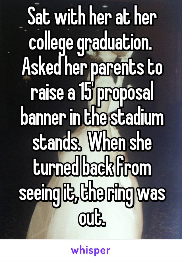 Sat with her at her college graduation.  Asked her parents to raise a 15' proposal banner in the stadium stands.  When she turned back from seeing it, the ring was out.
