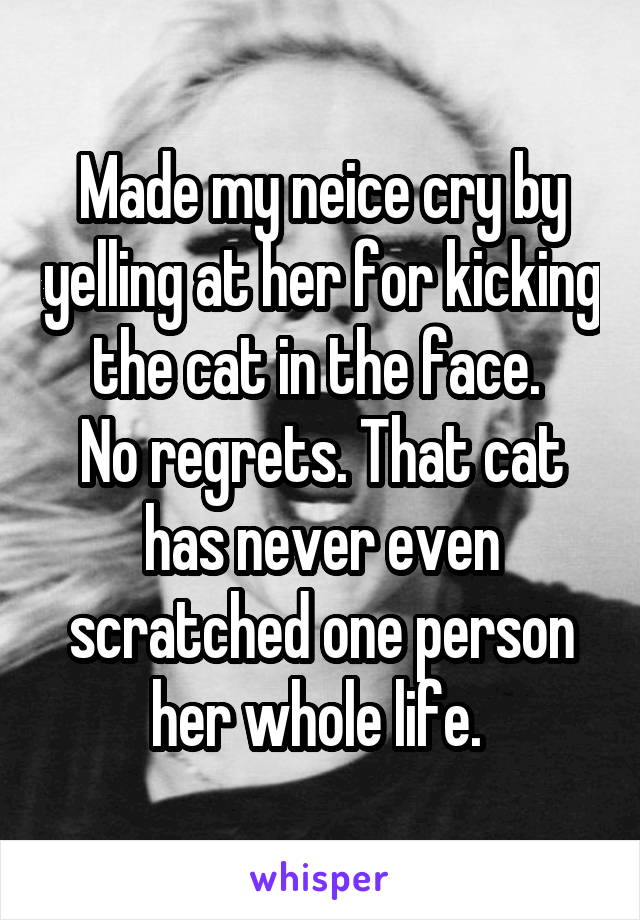 Made my neice cry by yelling at her for kicking the cat in the face. 
No regrets. That cat has never even scratched one person her whole life. 