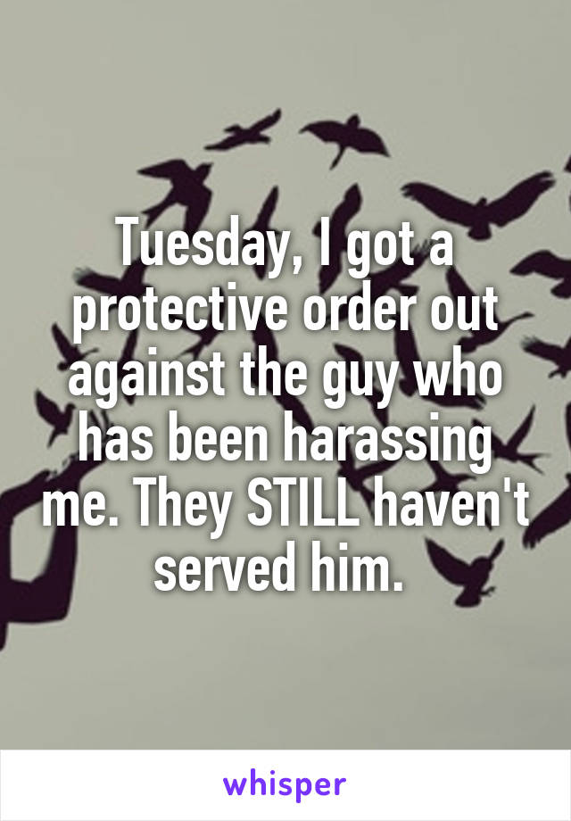 Tuesday, I got a protective order out against the guy who has been harassing me. They STILL haven't served him. 