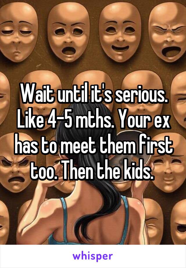 Wait until it's serious. Like 4-5 mths. Your ex has to meet them first too. Then the kids. 