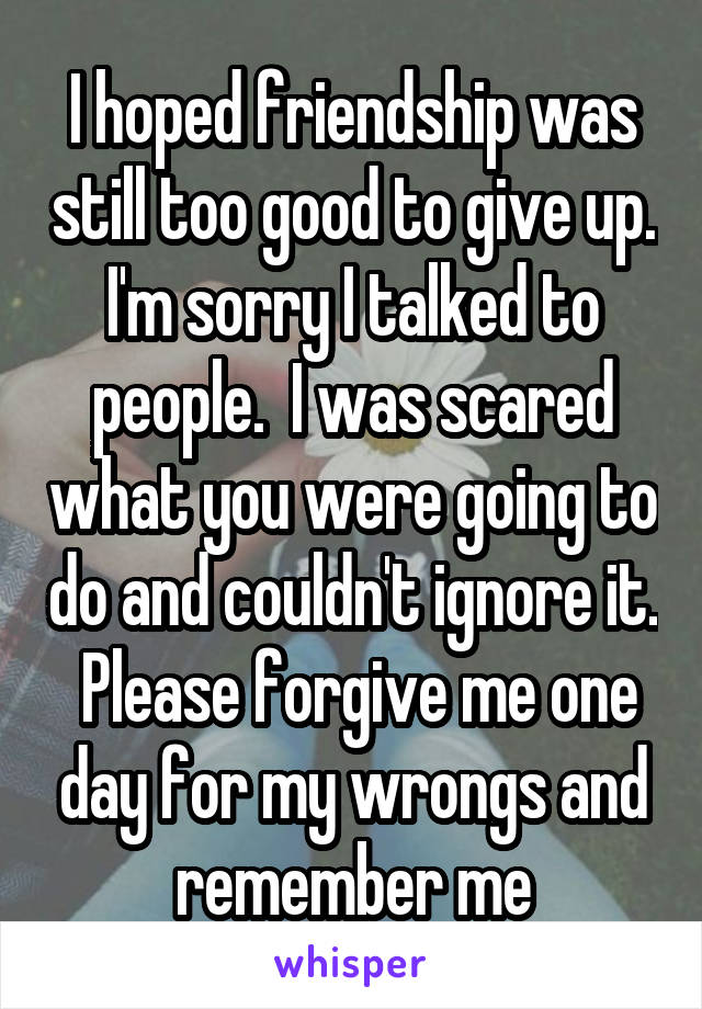 I hoped friendship was still too good to give up. I'm sorry I talked to people.  I was scared what you were going to do and couldn't ignore it.  Please forgive me one day for my wrongs and remember me