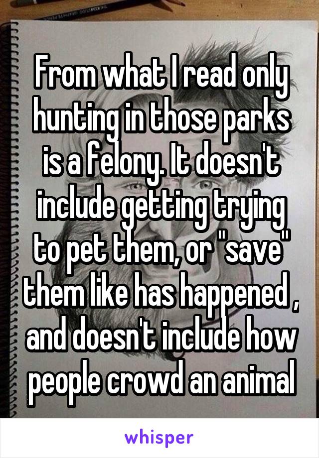 From what I read only hunting in those parks is a felony. It doesn't include getting trying to pet them, or "save" them like has happened , and doesn't include how people crowd an animal