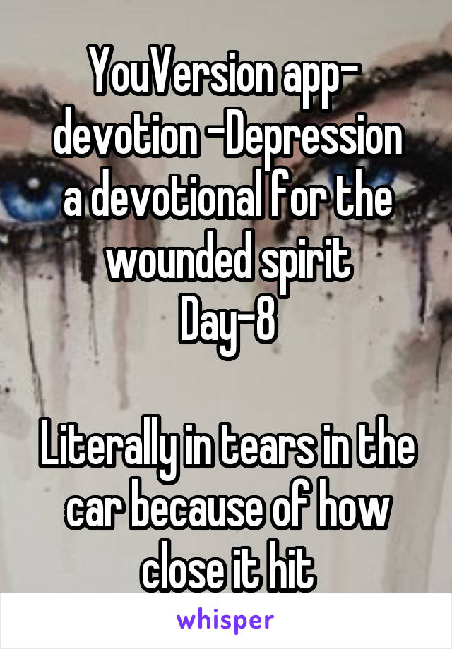 YouVersion app- 
devotion -Depression a devotional for the wounded spirit
Day-8

Literally in tears in the car because of how close it hit