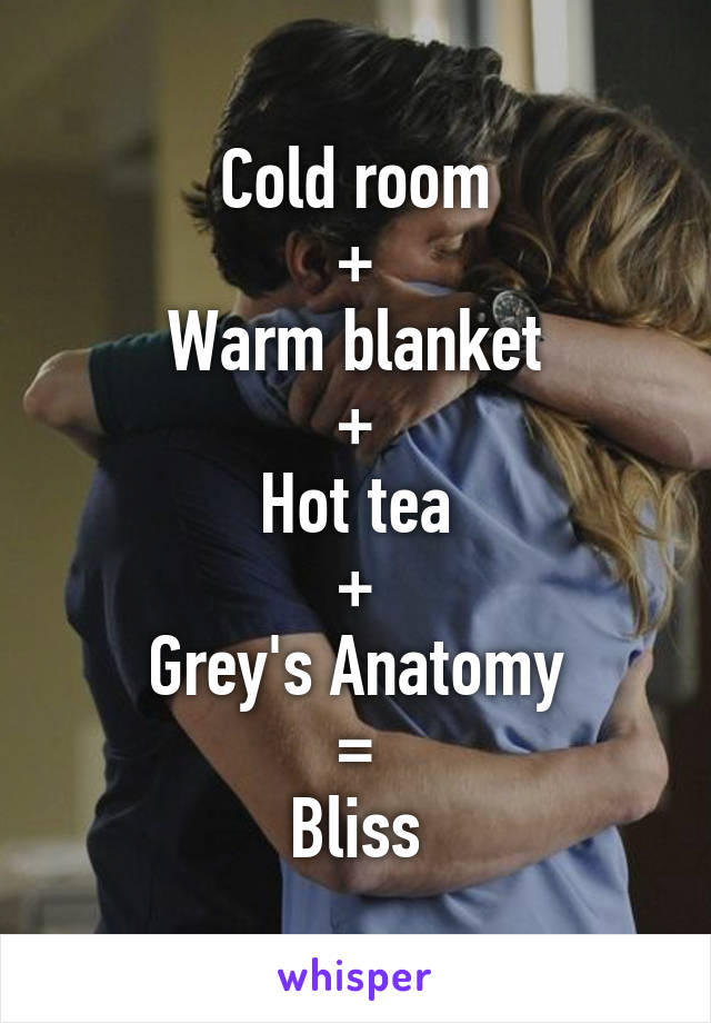 Cold room
+
Warm blanket
+
Hot tea
+
Grey's Anatomy
=
Bliss