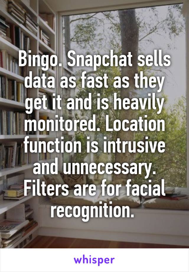 Bingo. Snapchat sells data as fast as they get it and is heavily monitored. Location function is intrusive and unnecessary. Filters are for facial recognition. 