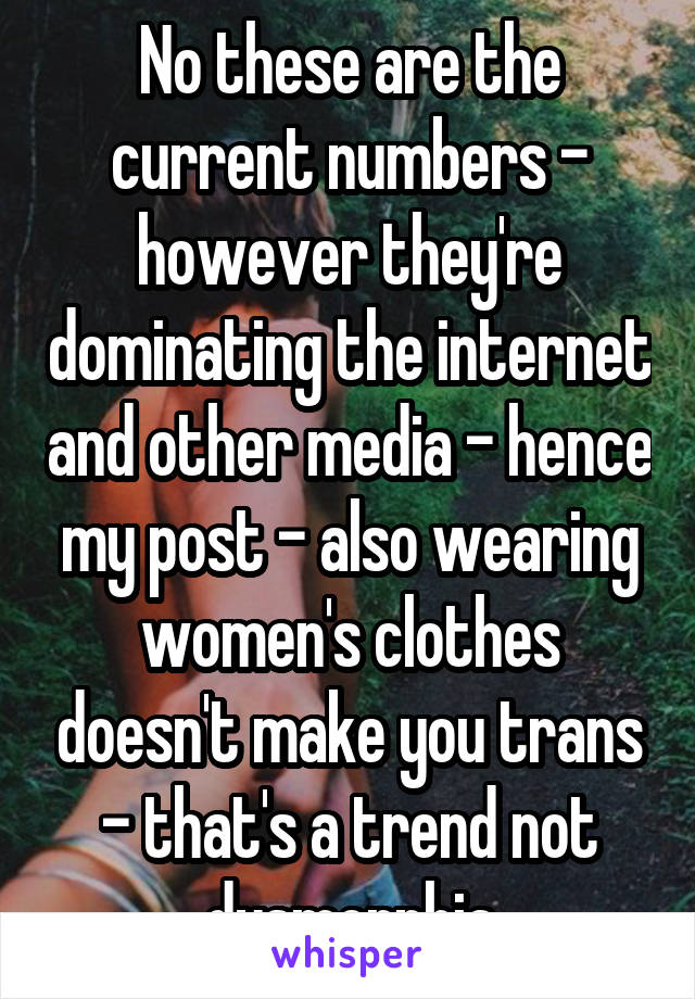 No these are the current numbers - however they're dominating the internet and other media - hence my post - also wearing women's clothes doesn't make you trans - that's a trend not dysmorphia
