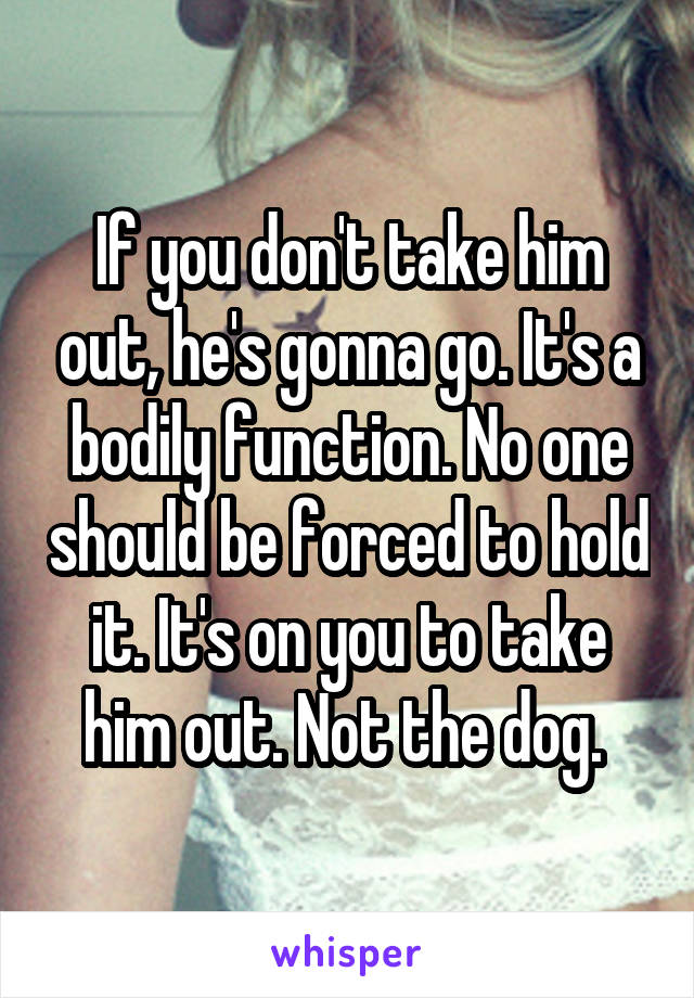 If you don't take him out, he's gonna go. It's a bodily function. No one should be forced to hold it. It's on you to take him out. Not the dog. 