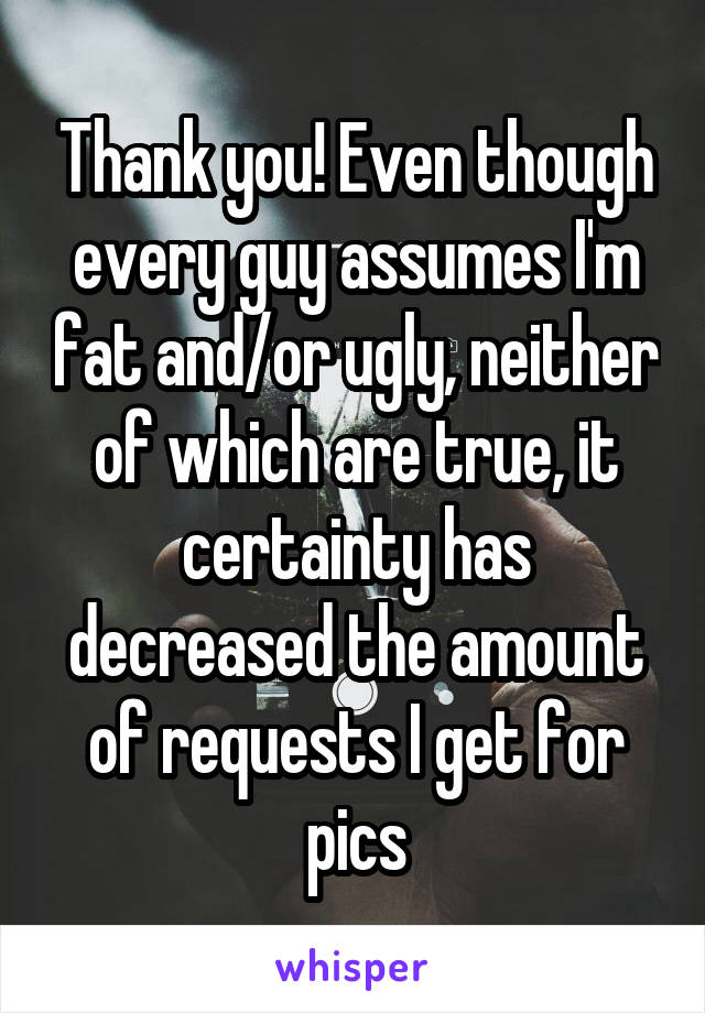 Thank you! Even though every guy assumes I'm fat and/or ugly, neither of which are true, it certainty has decreased the amount of requests I get for pics