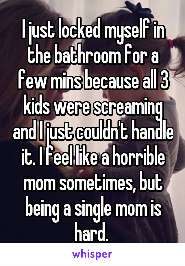 I just locked myself in the bathroom for a few mins because all 3 kids were screaming and I just couldn't handle it. I feel like a horrible mom sometimes, but being a single mom is hard. 