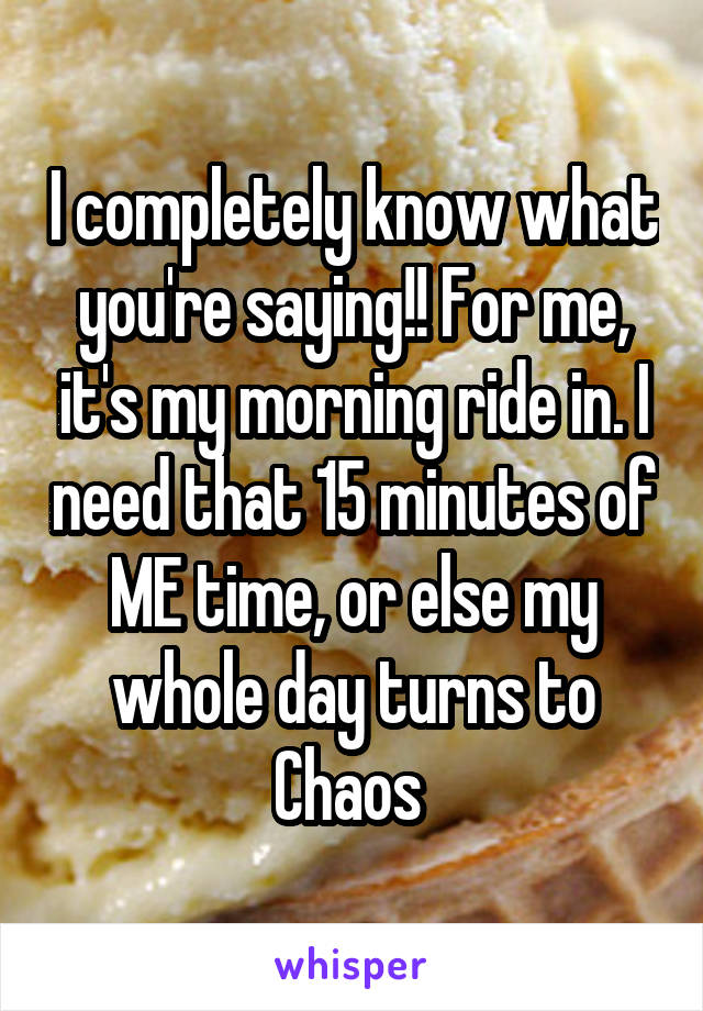 I completely know what you're saying!! For me, it's my morning ride in. I need that 15 minutes of ME time, or else my whole day turns to Chaos 