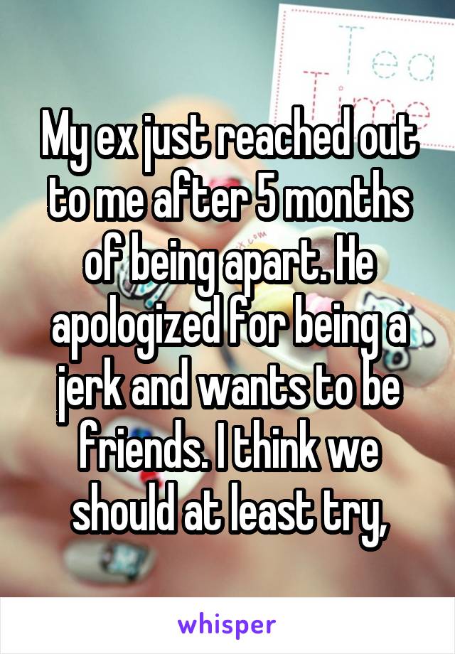 My ex just reached out to me after 5 months of being apart. He apologized for being a jerk and wants to be friends. I think we should at least try,