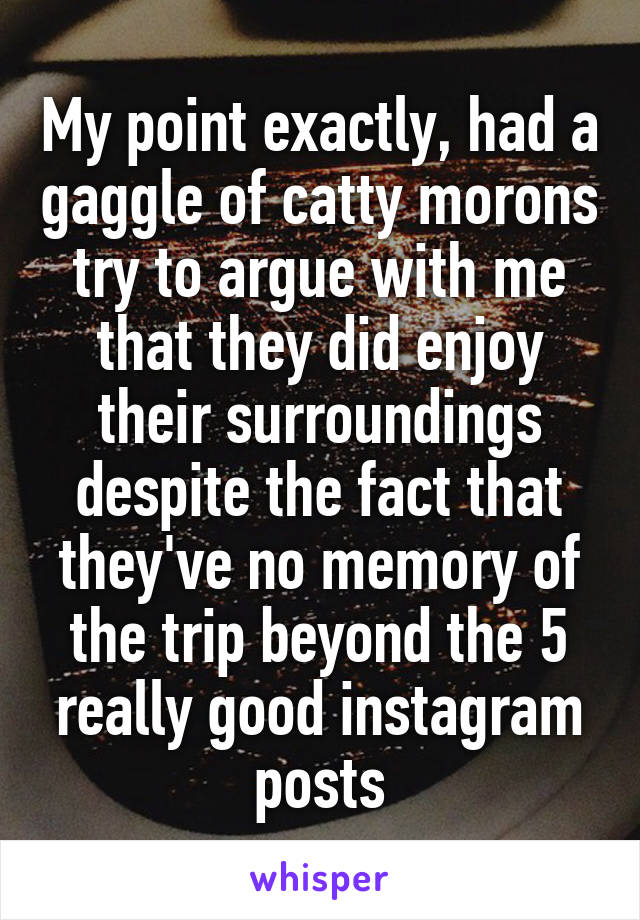 My point exactly, had a gaggle of catty morons try to argue with me that they did enjoy their surroundings despite the fact that they've no memory of the trip beyond the 5 really good instagram posts