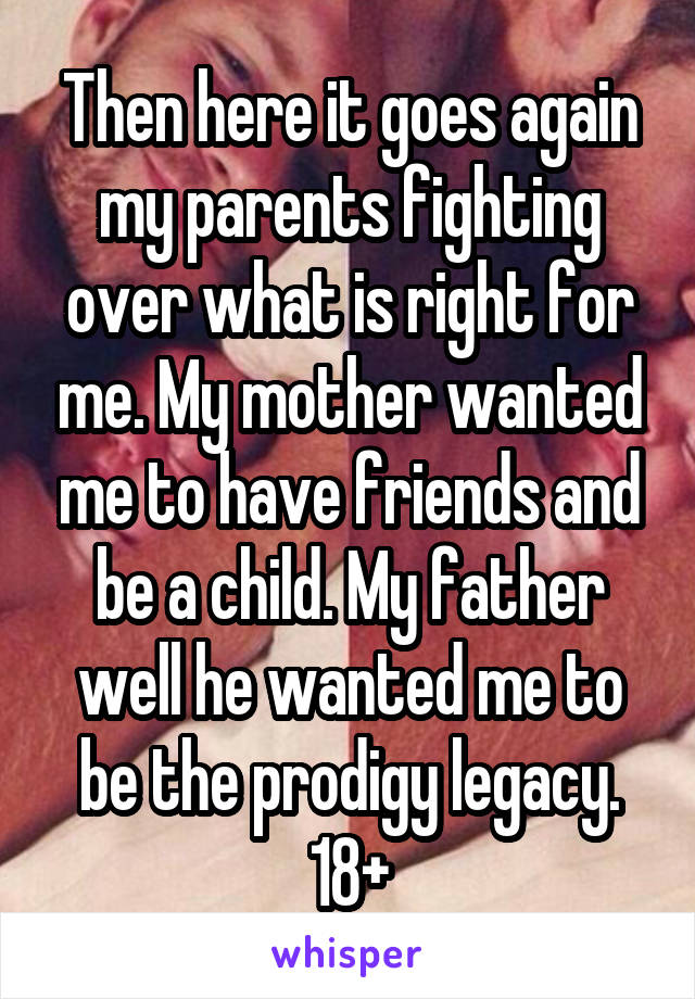 Then here it goes again my parents fighting over what is right for me. My mother wanted me to have friends and be a child. My father well he wanted me to be the prodigy legacy. 18+