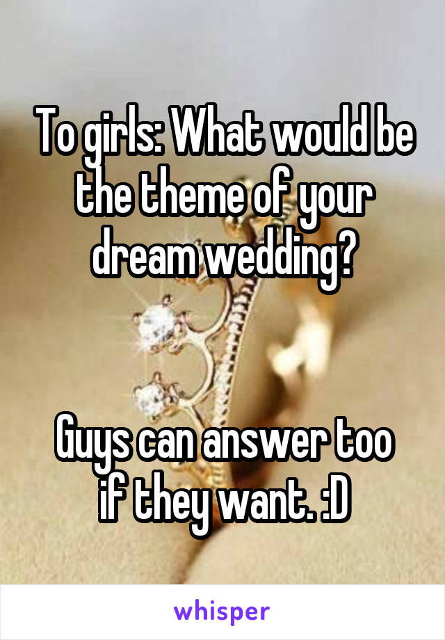 To girls: What would be the theme of your dream wedding?


Guys can answer too if they want. :D