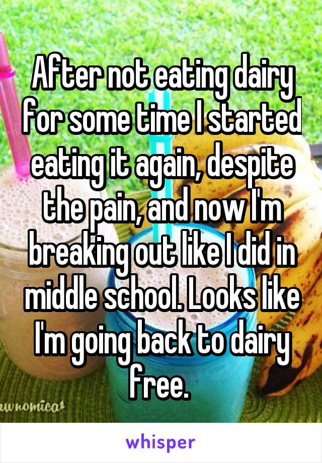 After not eating dairy for some time I started eating it again, despite the pain, and now I'm breaking out like I did in middle school. Looks like I'm going back to dairy free. 