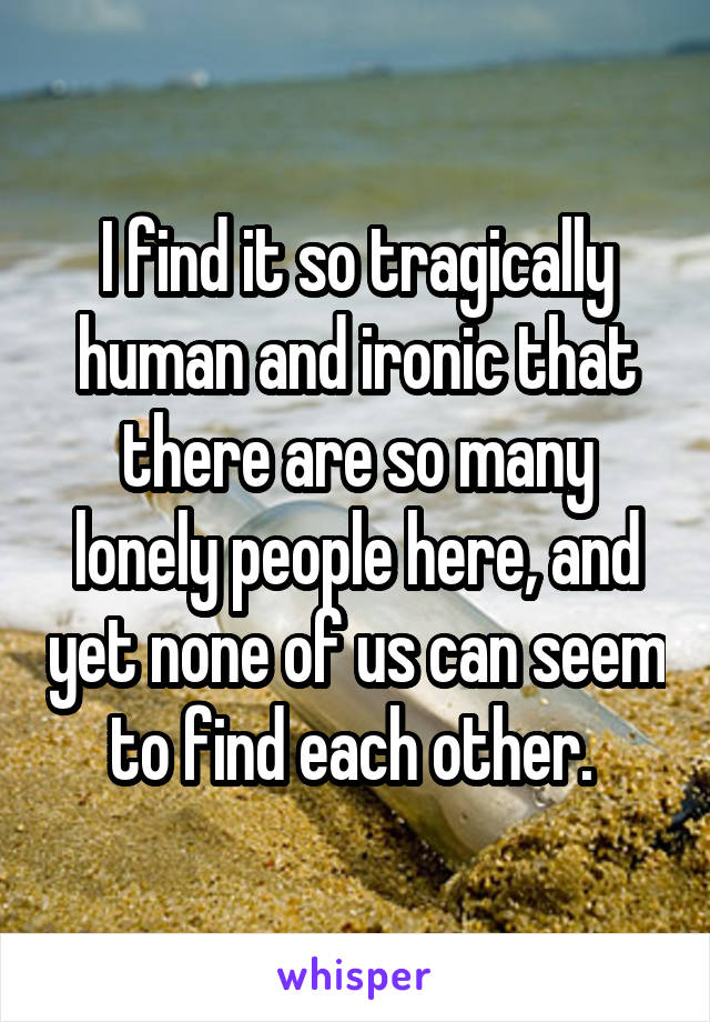 I find it so tragically human and ironic that there are so many lonely people here, and yet none of us can seem to find each other. 