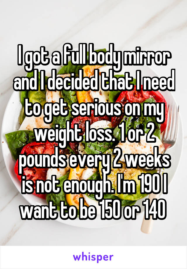 I got a full body mirror and I decided that I need to get serious on my weight loss. 1 or 2 pounds every 2 weeks is not enough. I'm 190 I want to be 150 or 140 