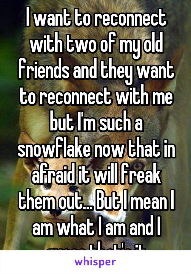 I want to reconnect with two of my old friends and they want to reconnect with me but I'm such a snowflake now that in afraid it will freak them out... But I mean I am what I am and I guess that's it