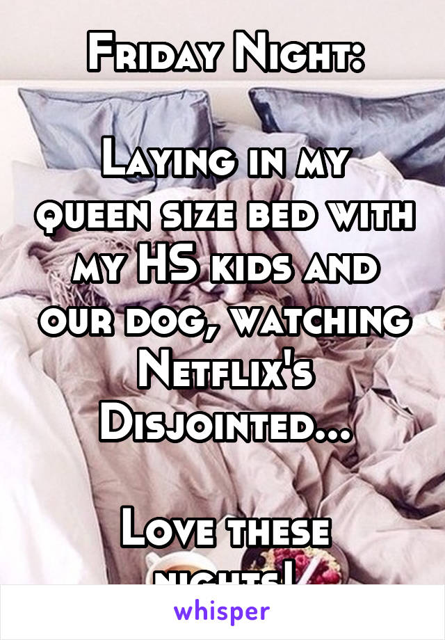 Friday Night:

Laying in my queen size bed with my HS kids and our dog, watching Netflix's Disjointed...

Love these nights!