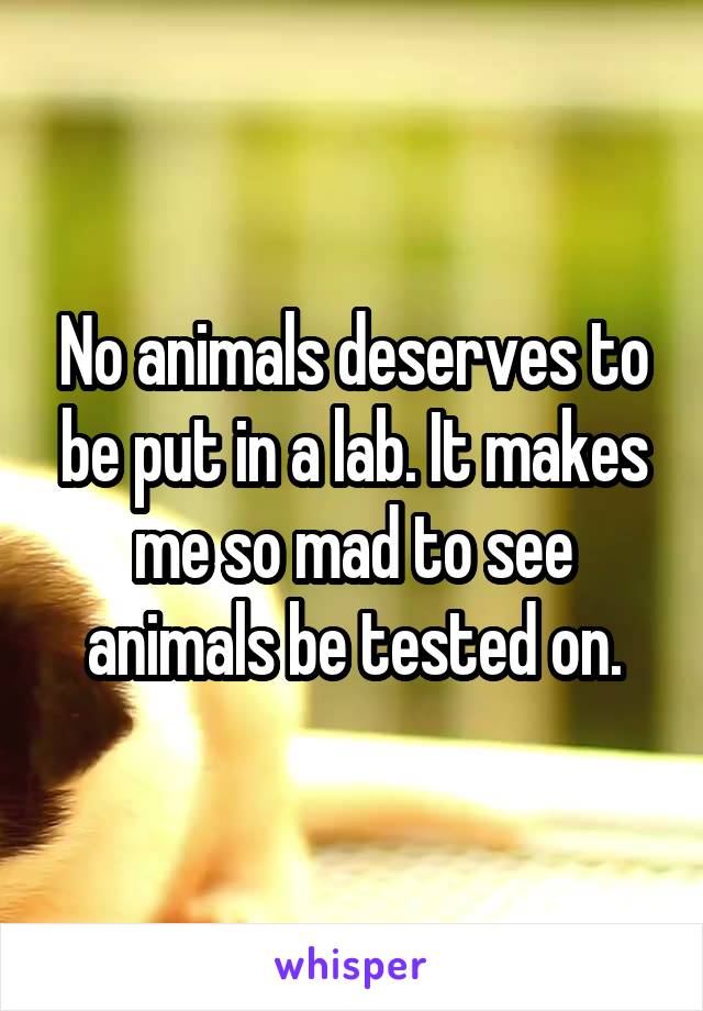 No animals deserves to be put in a lab. It makes me so mad to see animals be tested on.