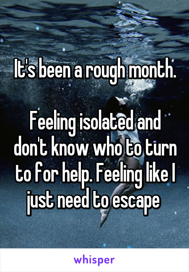 It's been a rough month. 
Feeling isolated and don't know who to turn to for help. Feeling like I just need to escape 