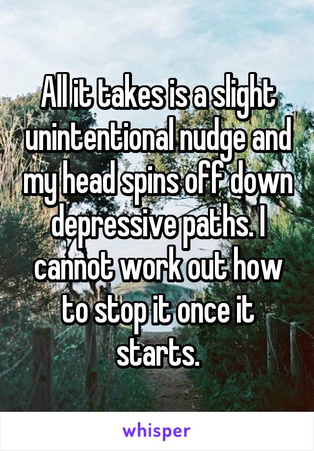 All it takes is a slight unintentional nudge and my head spins off down depressive paths. I cannot work out how to stop it once it starts.