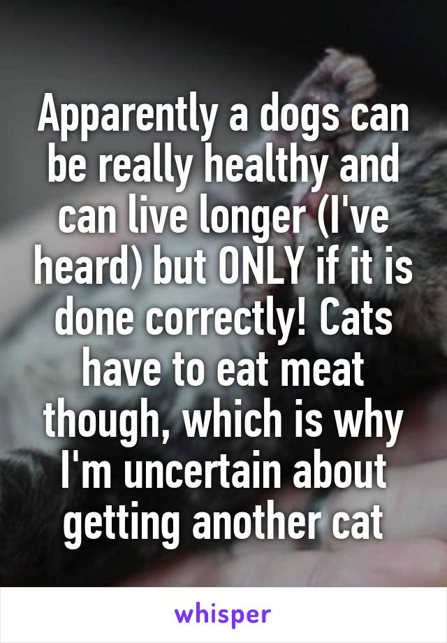 Apparently a dogs can be really healthy and can live longer (I've heard) but ONLY if it is done correctly! Cats have to eat meat though, which is why I'm uncertain about getting another cat