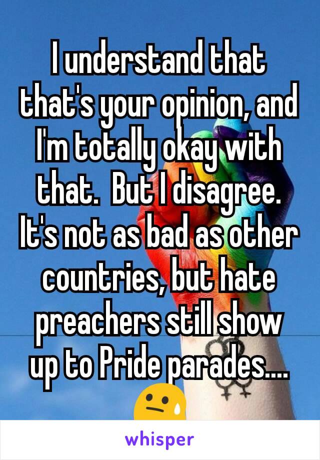 I understand that that's your opinion, and I'm totally okay with that.  But I disagree.  It's not as bad as other countries, but hate preachers still show up to Pride parades....😓