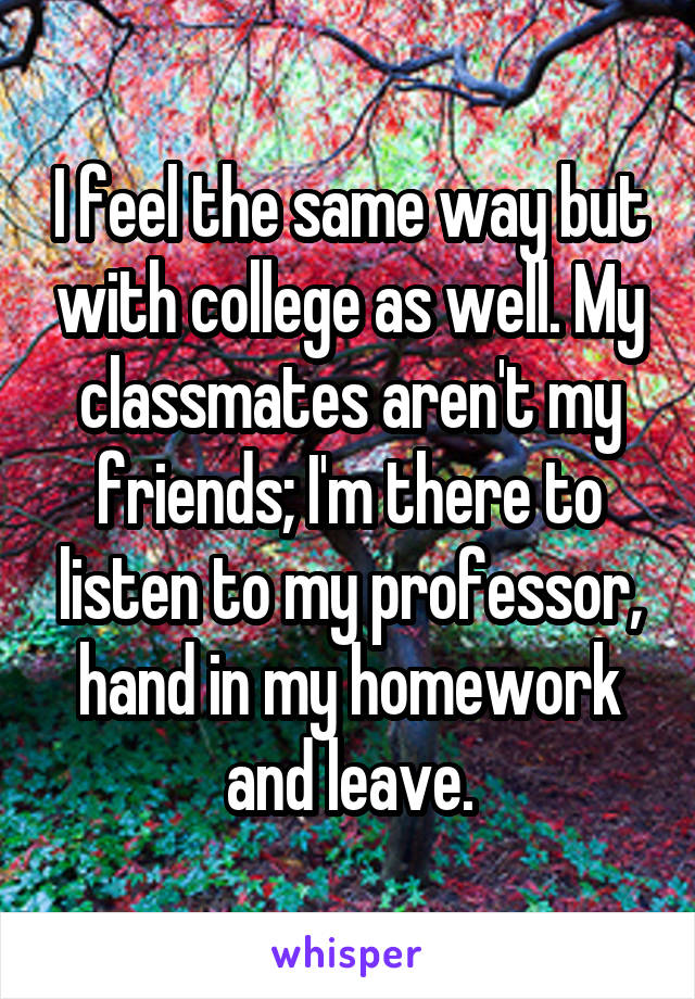 I feel the same way but with college as well. My classmates aren't my friends; I'm there to listen to my professor, hand in my homework and leave.