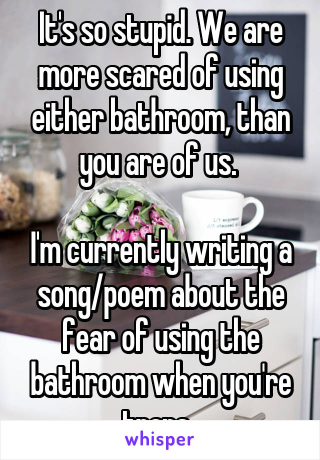 It's so stupid. We are more scared of using either bathroom, than you are of us. 

I'm currently writing a song/poem about the fear of using the bathroom when you're trans. 