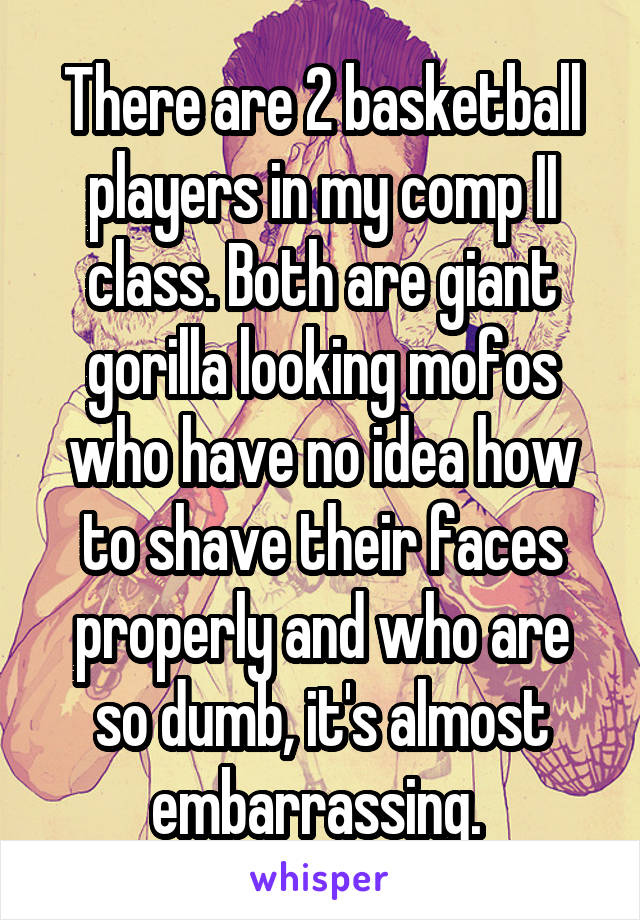 There are 2 basketball players in my comp II class. Both are giant gorilla looking mofos who have no idea how to shave their faces properly and who are so dumb, it's almost embarrassing. 