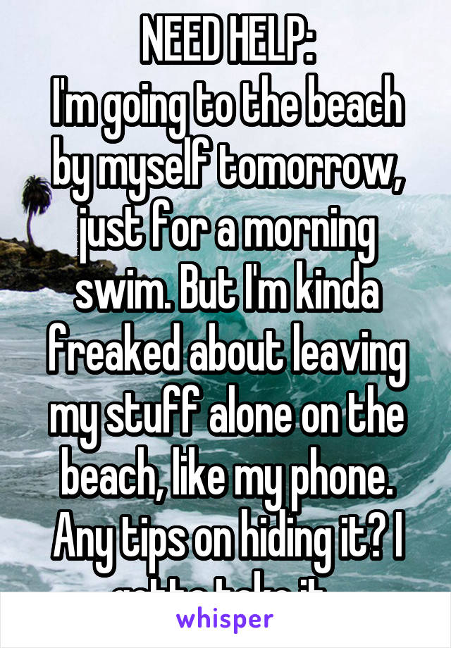 NEED HELP:
I'm going to the beach by myself tomorrow, just for a morning swim. But I'm kinda freaked about leaving my stuff alone on the beach, like my phone. Any tips on hiding it? I gotta take it. 