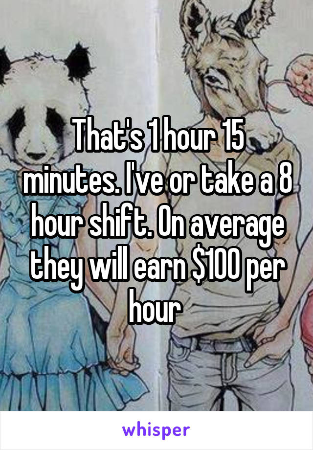 That's 1 hour 15 minutes. I've or take a 8 hour shift. On average they will earn $100 per hour 