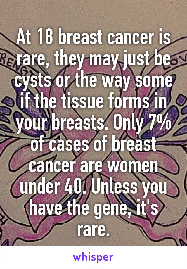 At 18 breast cancer is rare, they may just be cysts or the way some if the tissue forms in your breasts. Only 7% of cases of breast cancer are women under 40. Unless you have the gene, it's rare.