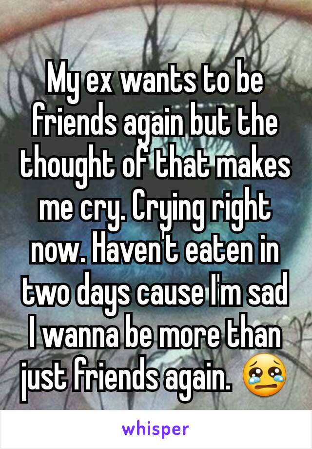 My ex wants to be friends again but the thought of that makes me cry. Crying right now. Haven't eaten in two days cause I'm sad
I wanna be more than just friends again. 😢