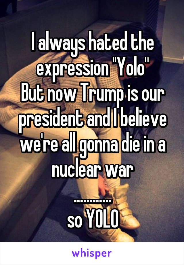 I always hated the expression "Yolo"
But now Trump is our president and I believe we're all gonna die in a nuclear war
............
so YOLO