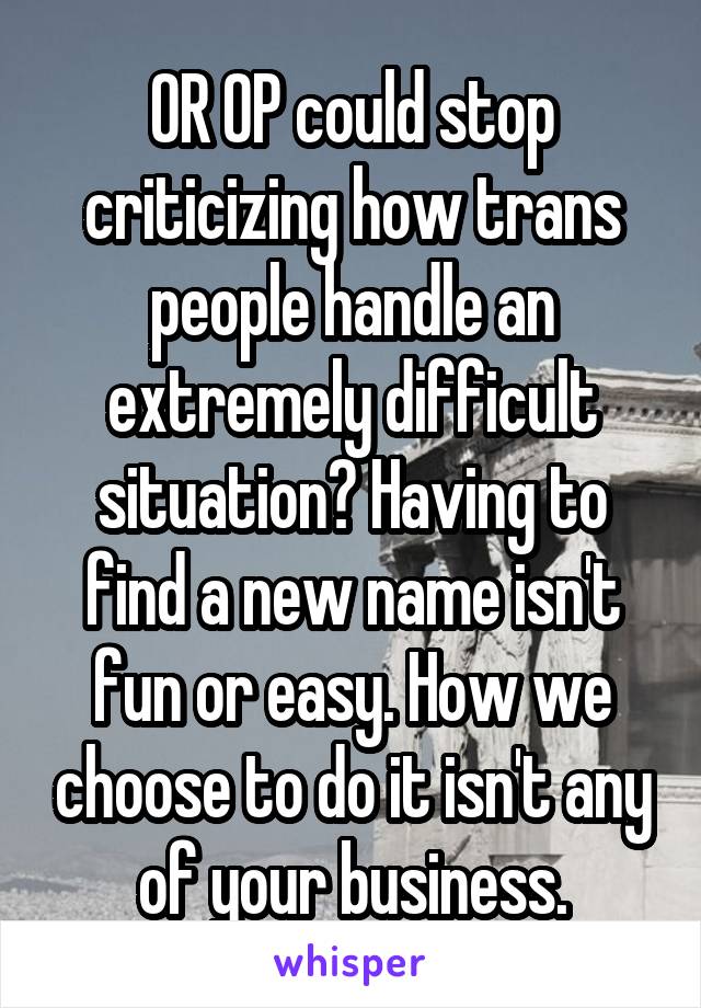 OR OP could stop criticizing how trans people handle an extremely difficult situation? Having to find a new name isn't fun or easy. How we choose to do it isn't any of your business.