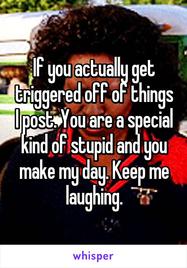 If you actually get triggered off of things I post. You are a special kind of stupid and you make my day. Keep me laughing.