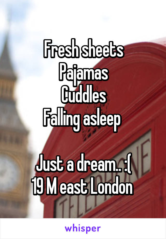 Fresh sheets
Pajamas
Cuddles
Falling asleep 

Just a dream.. :(
19 M east London 