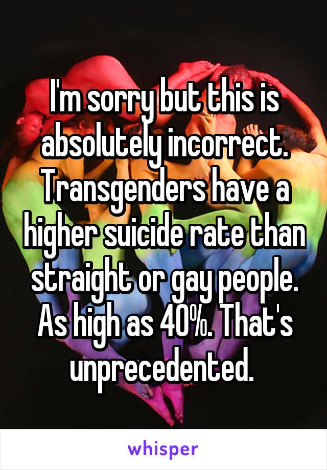 I'm sorry but this is absolutely incorrect. Transgenders have a higher suicide rate than straight or gay people. As high as 40%. That's unprecedented. 
