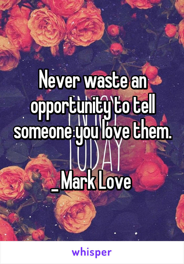 Never waste an opportunity to tell someone you love them.

_ Mark Love 