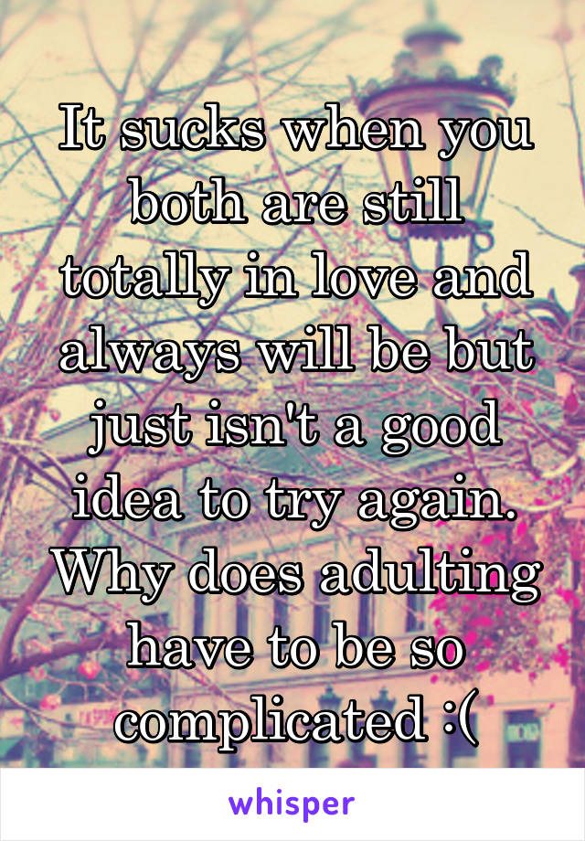 It sucks when you both are still totally in love and always will be but just isn't a good idea to try again. Why does adulting have to be so complicated :(