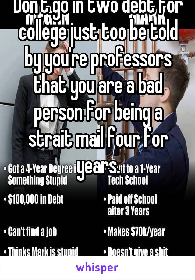 Don't go in two debt for college just too be told by you're professors that you are a bad person for being a strait mail four for years.



.