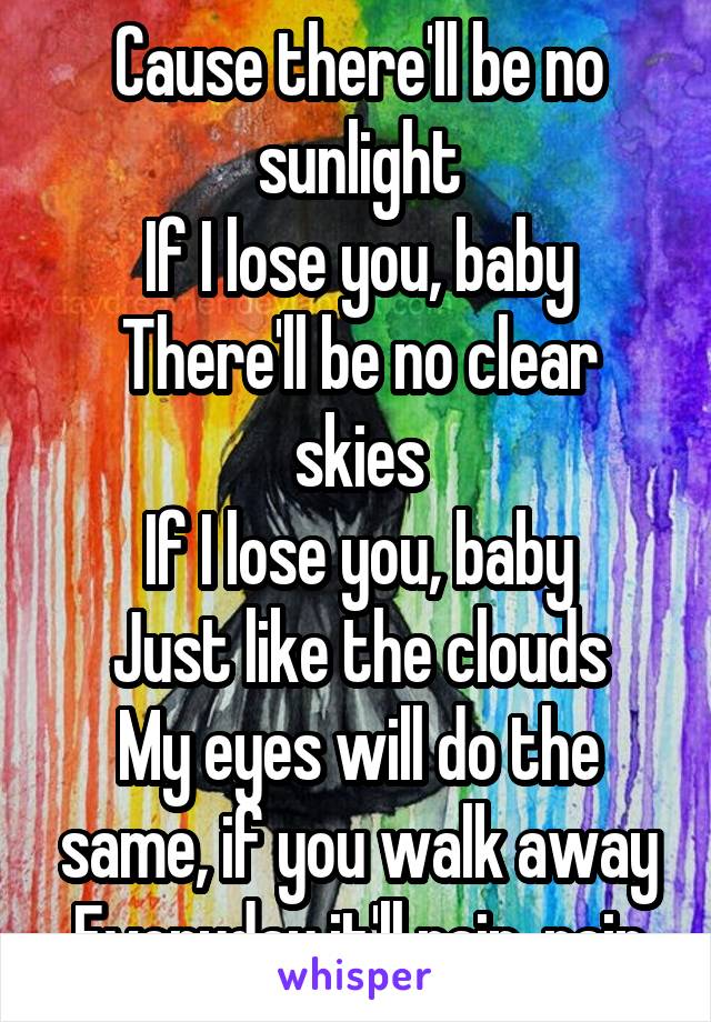 Cause there'll be no sunlight
If I lose you, baby
There'll be no clear skies
If I lose you, baby
Just like the clouds
My eyes will do the same, if you walk away
Everyday it'll rain, rain