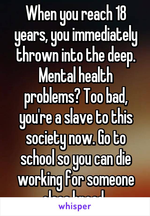 When you reach 18 years, you immediately thrown into the deep. Mental health problems? Too bad, you're a slave to this society now. Go to school so you can die working for someone elses bread. 