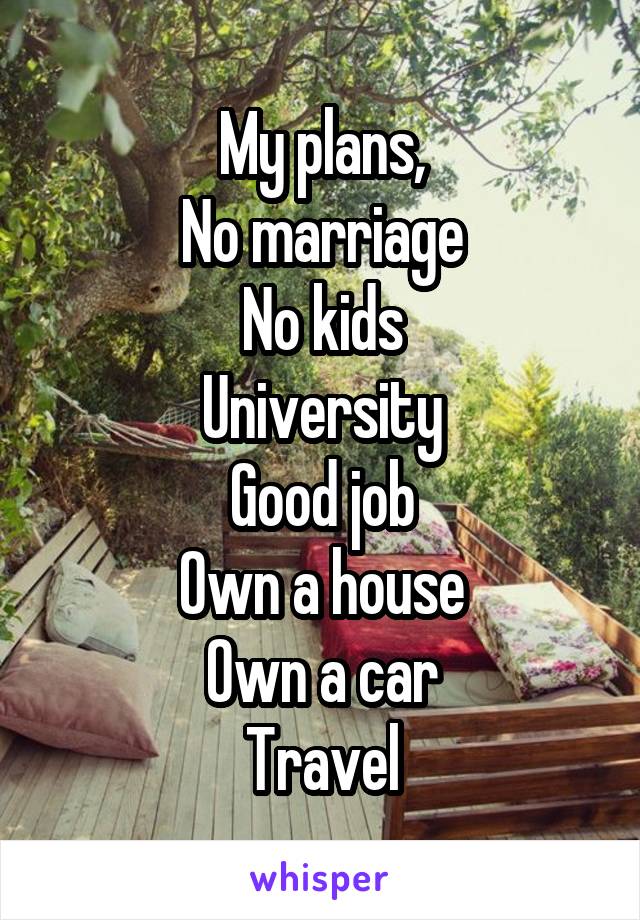 My plans,
No marriage
No kids
University
Good job
Own a house
Own a car
Travel