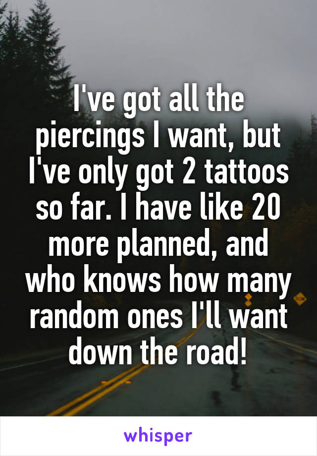 I've got all the piercings I want, but I've only got 2 tattoos so far. I have like 20 more planned, and who knows how many random ones I'll want down the road!