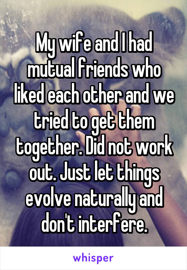 My wife and I had mutual friends who liked each other and we tried to get them together. Did not work out. Just let things evolve naturally and don't interfere.
