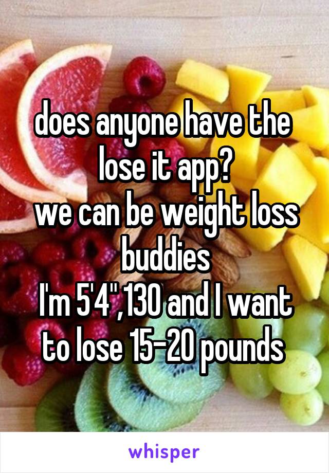 does anyone have the  lose it app?
we can be weight loss buddies
I'm 5'4",130 and I want to lose 15-20 pounds 
